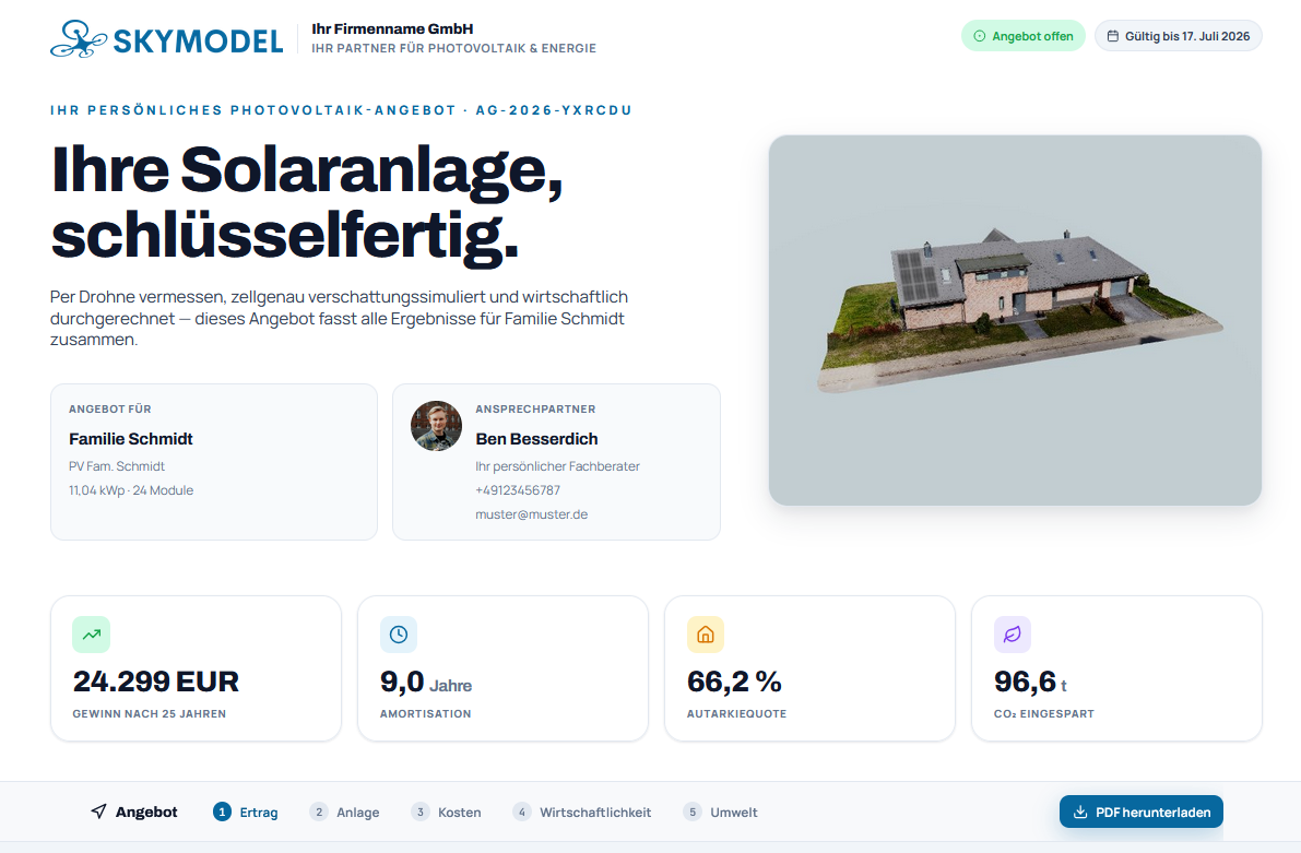 Digitales White-Label-Kundenangebot mit 3D-Modell und Kennzahlen